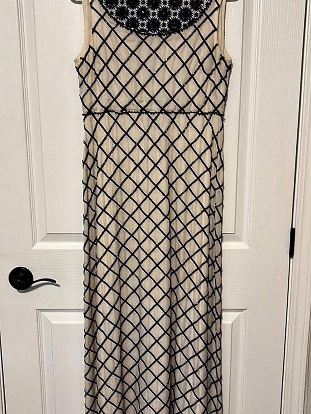 Beaded Geometric Maxi Dress in Cream & Black Like New